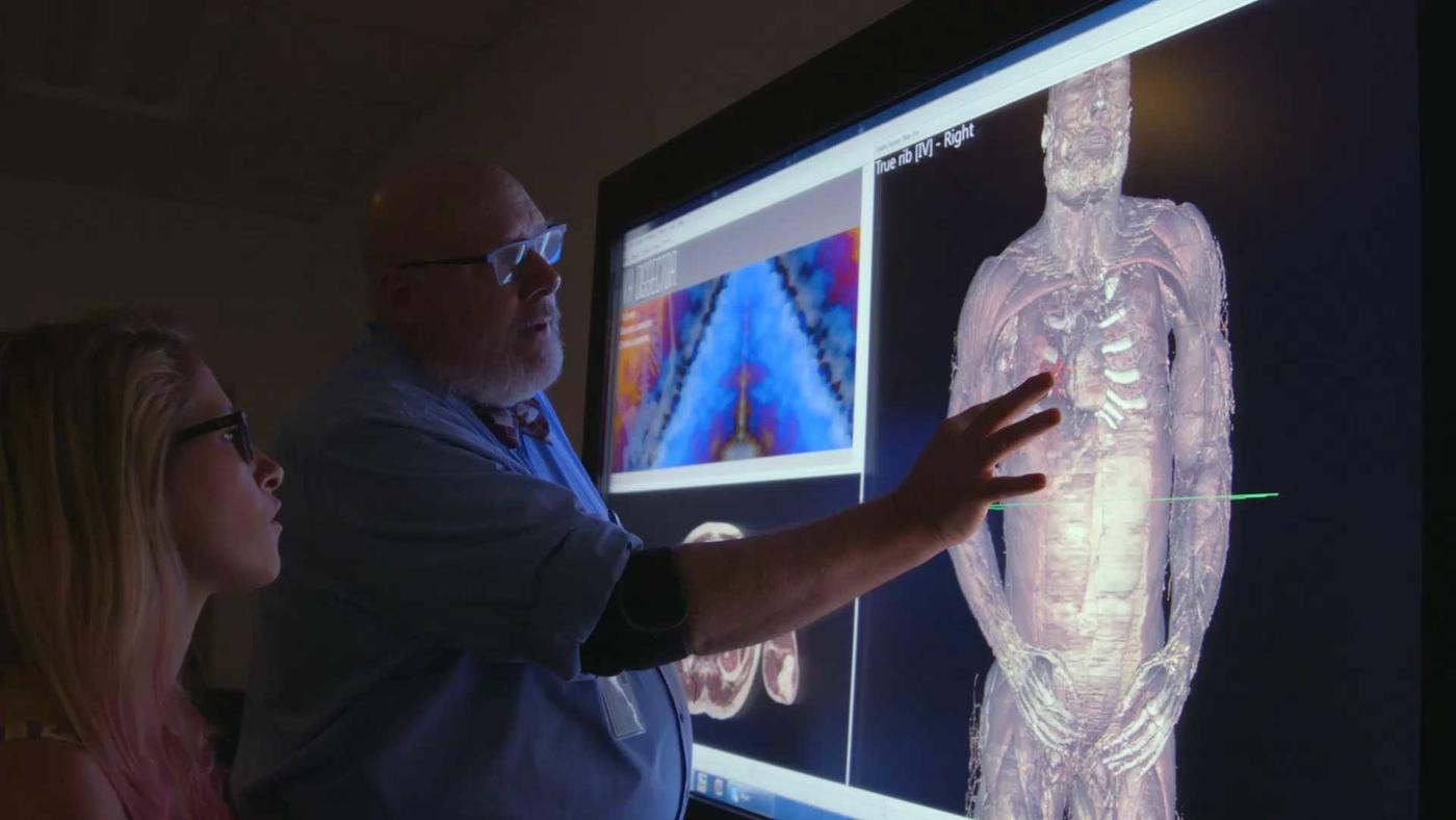 Professor and student viewing the human body on monitor